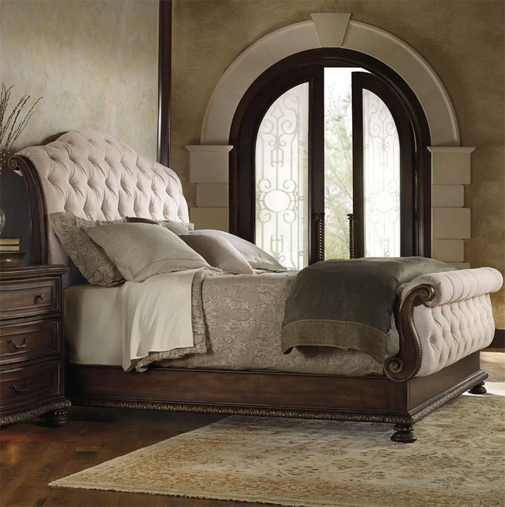 Wood and deals upholstered sleigh bed