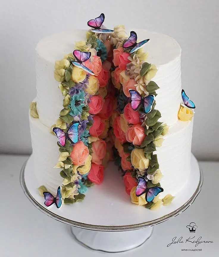 White and Gold Butterfly Cake with Drip - Adrienne & Co. Bakery  Beautiful  birthday cakes, Golden birthday cakes, Butterfly cakes