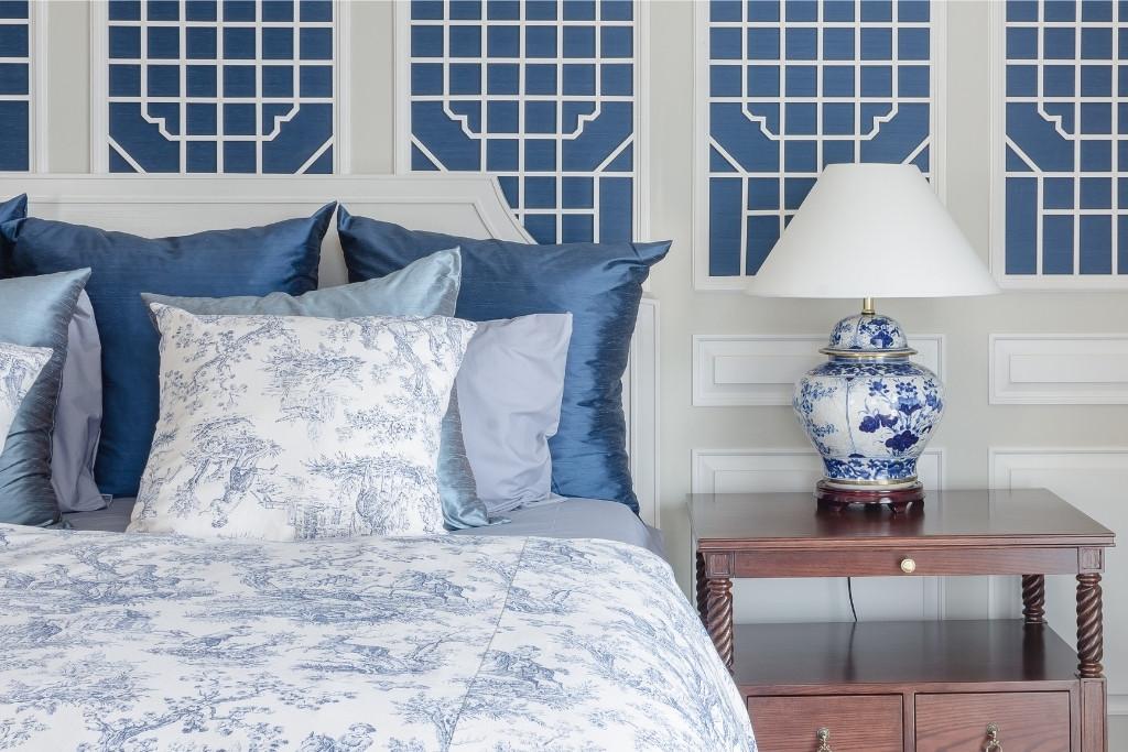 White and Blue Bedroom with Blue Pillows on White French Bed - Traditional  - Bedroom