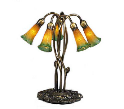 Five Light Lily Amber/Green Louis Comfort Tiffany Stained Glass Lamp