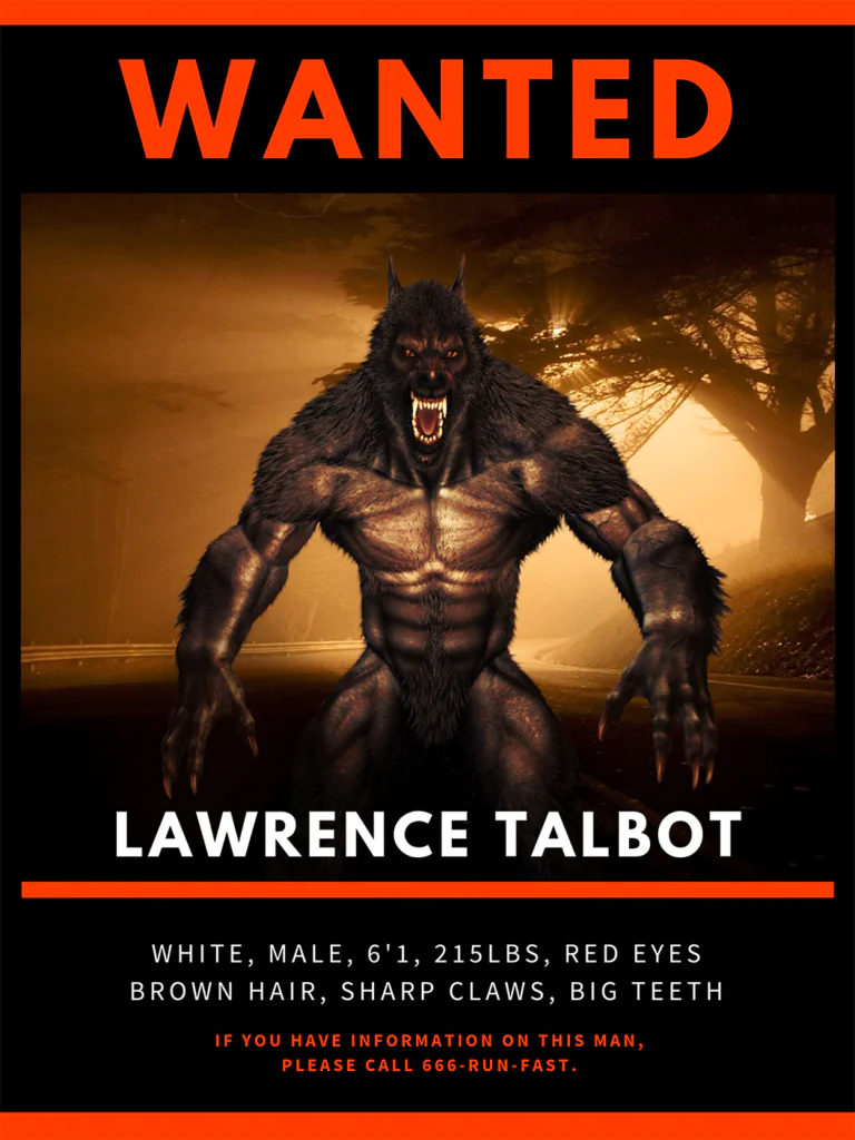 Werewolf Wanted Poster Printable Halloween Sign