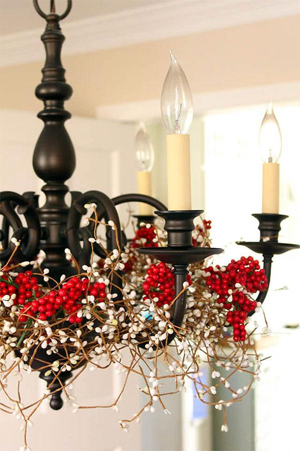Rustic Red & White Berries Christmas Decorated Chandelier