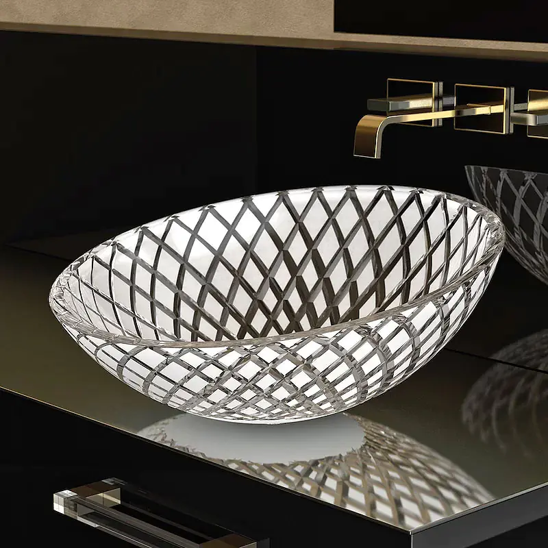 Contemporary Oval Cut Glass Vessel Bathroom Sink