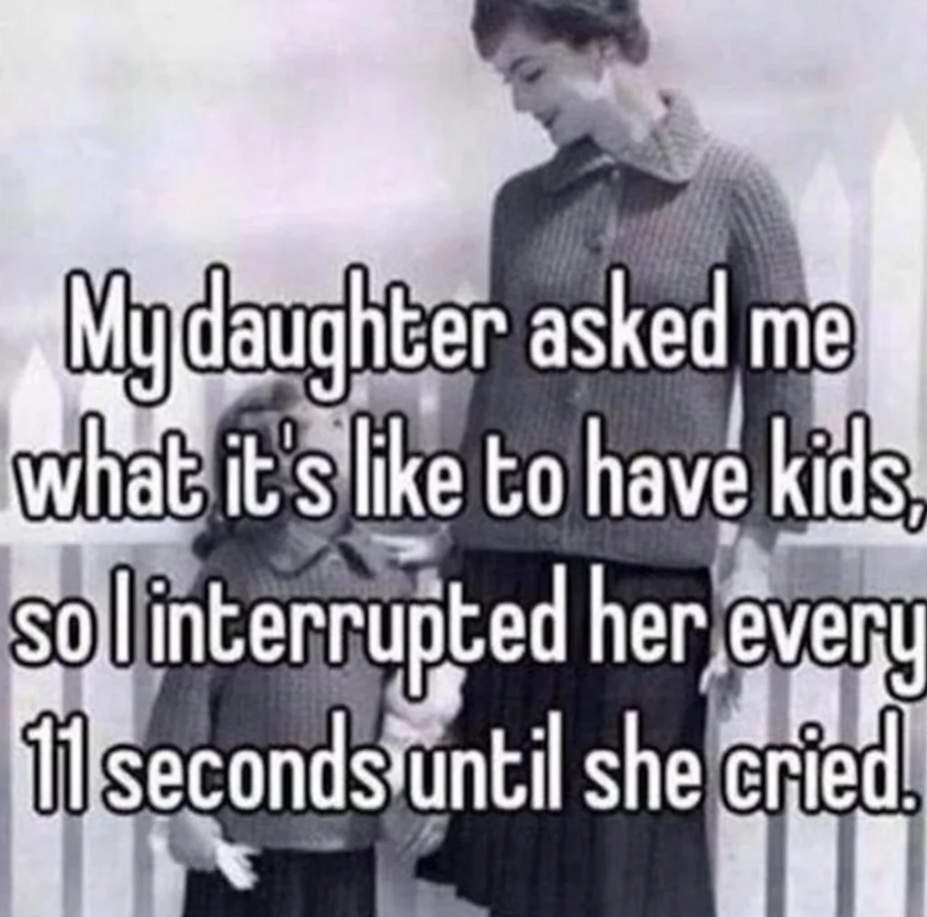 Memes About Parenting | My daughter asked me what it's like to have kids, so I interrupted her every 11 seconds until she cried. 