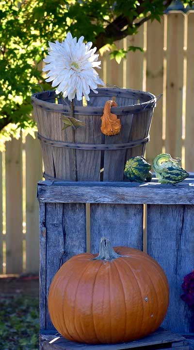 Rustic Basket, Crate, and Pumpkins DIY Fall Garden Decor