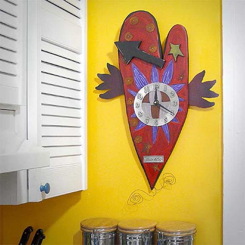 Time Flies Carved Wood Folk Heart Wall Clock
