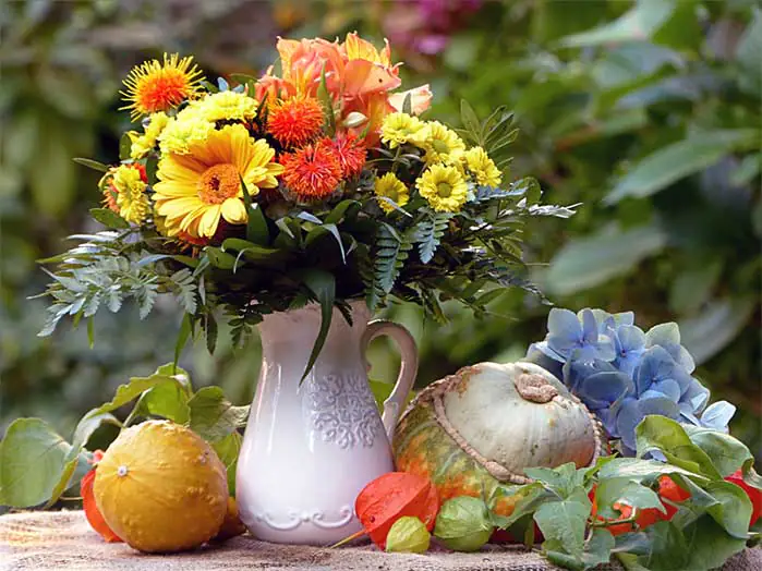 Water Pitcher Fall Flower Arrangement
