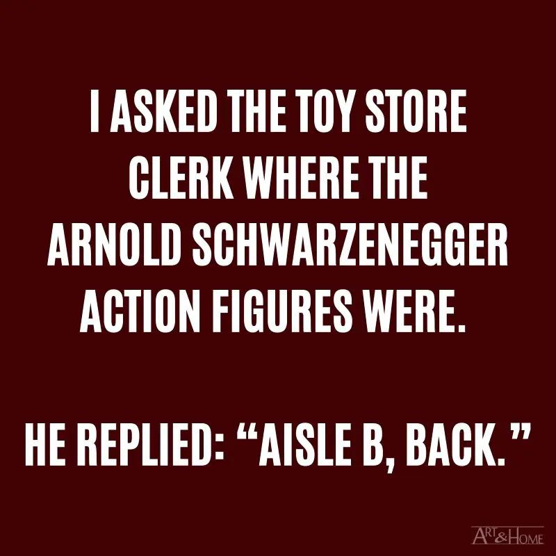 I asked the toy store clerk where the Arnold Schwarzenegger action figures were. He replied: “Aisle B, back.”