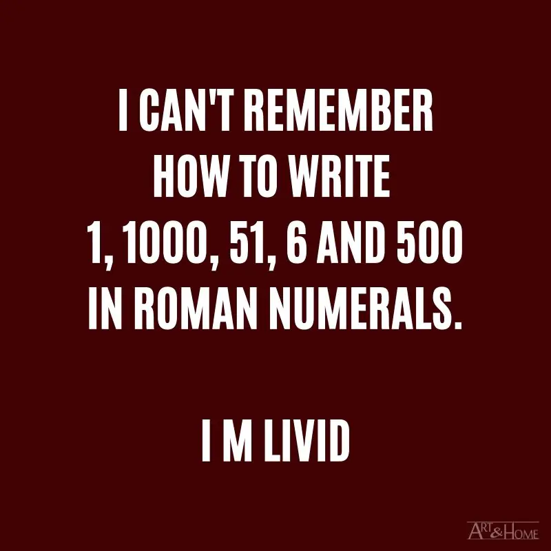 I can't remember how to write 1, 1000, 51, 6 and 500 in Roman numerals. I M LIVID