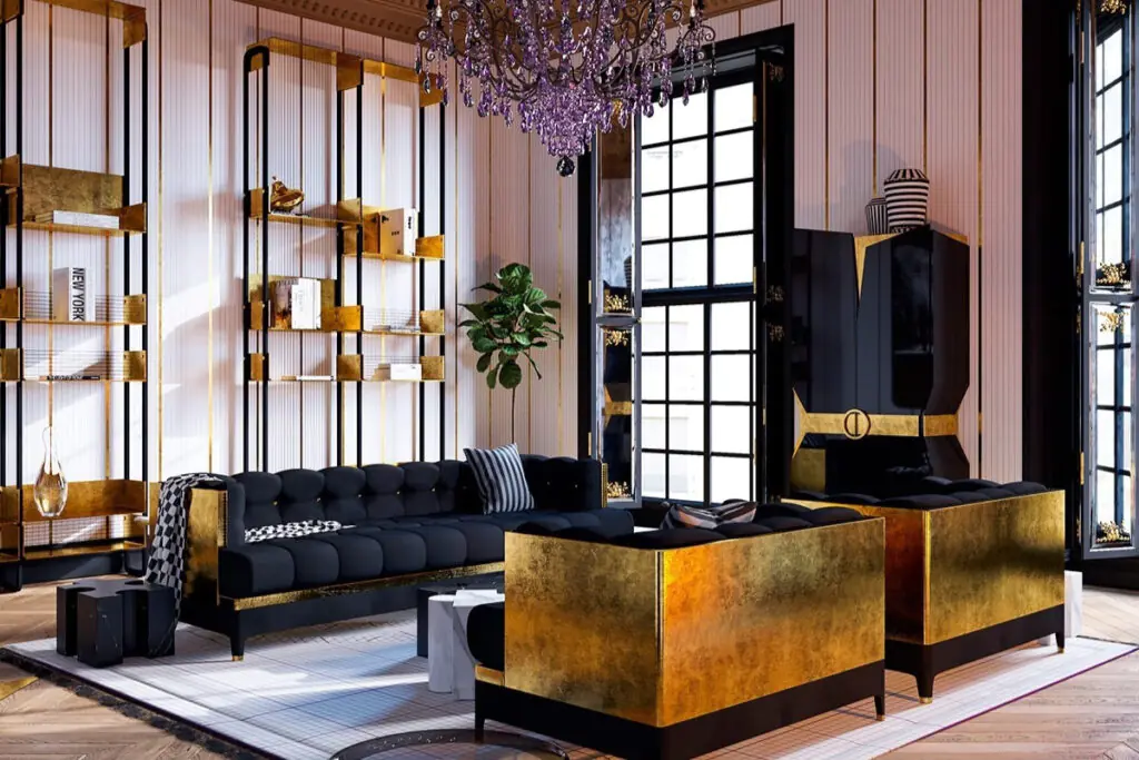 Opulent Pink, Black, and Gold Living Room