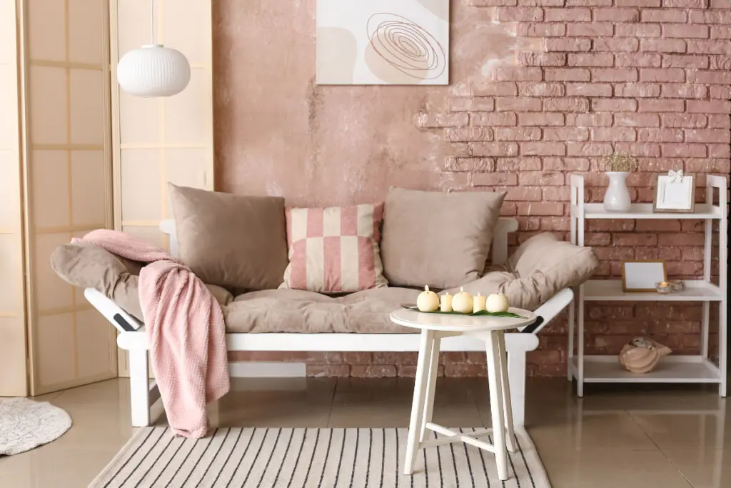 Blush Living Room with Exposed Brick