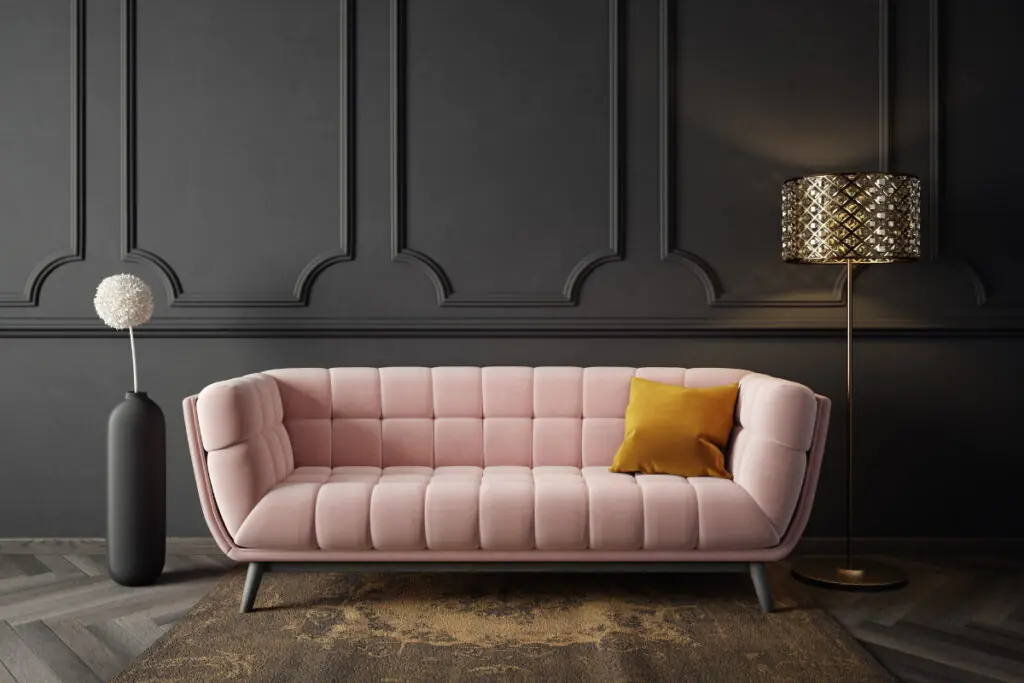 Black Living Room Walls with Blush Sofa