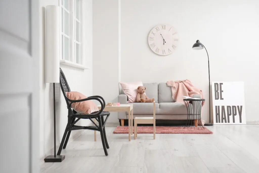 Cute Grey Living Room with Blush Accents