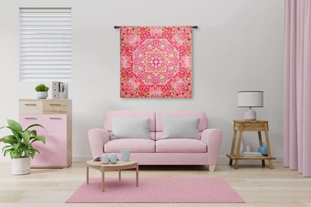 Lively Pink Living Room with Tapestry