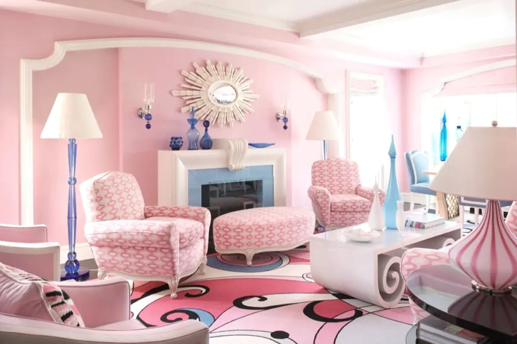 Pink White and Blue Modern Living Room