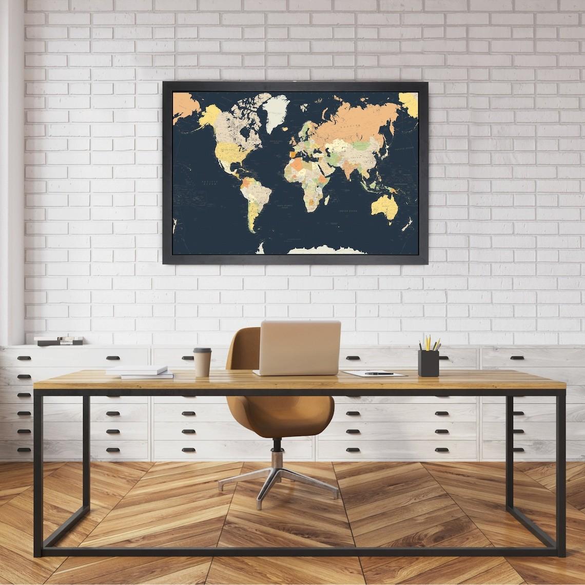 Pushpin World Map Home Office Wall Decor